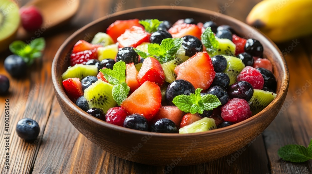 A bowl of fresh fruit salad with strawberries, blueberries, kiwi, raspberries, and mint leaves. A bowl of fresh fruit salad with strawberries, blueberries, kiwi, raspberries, and mint leaves.