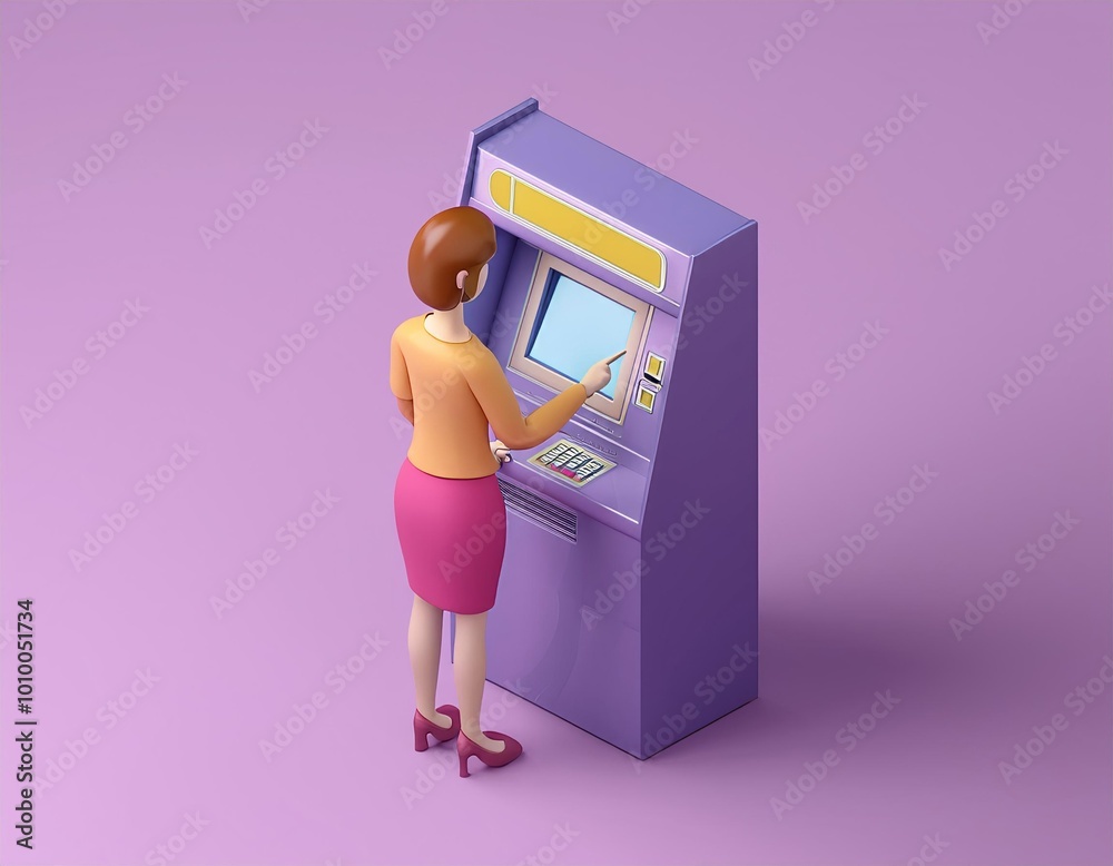 3D woman withdrawing cash from an ATM, 3D isometric