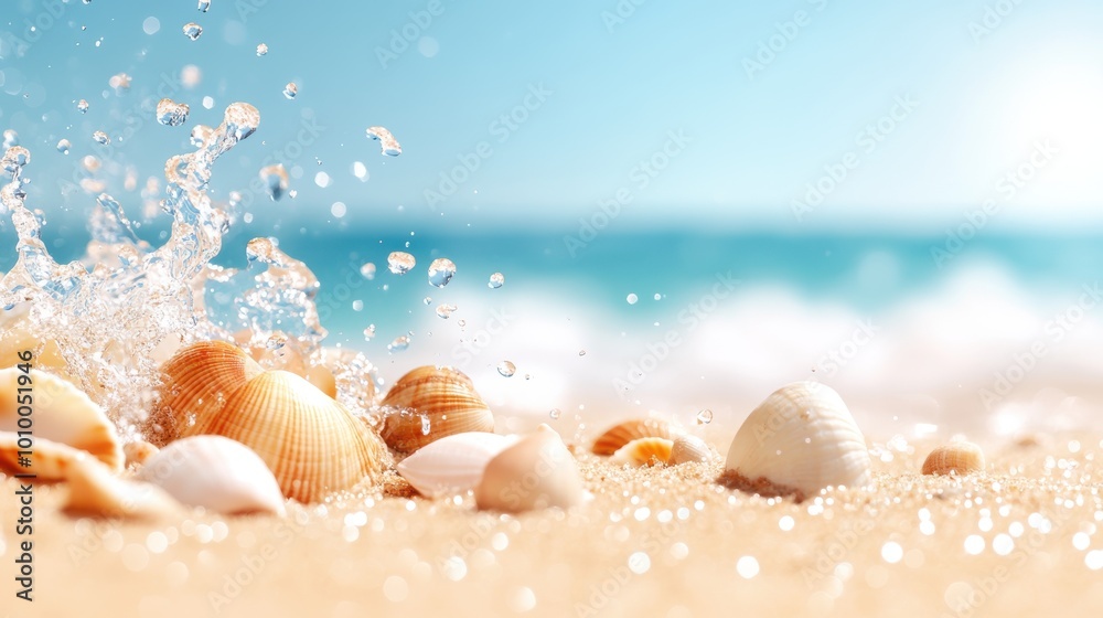Seashells scatter across sandy beach, splashed by ocean waves under bright sunlight, capturing essence of nature's beauty and coastal tranquility. Seashells scatter across sandy beach, splashed by ocean waves under bright sunlight, capturing essence of nature's beauty and coastal tranquility.