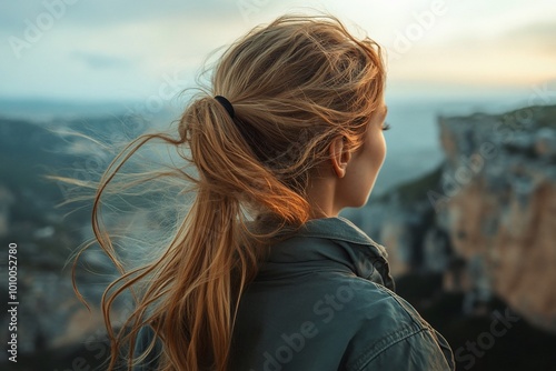 Woman with long hair standing on top of a mountain looking at the view.
