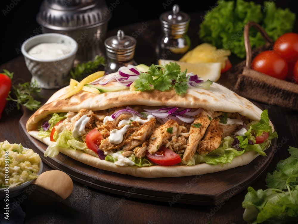 Chicken Shawarma Wrap with Toppings and Salad Chicken Shawarma Wrap with Toppings and Salad