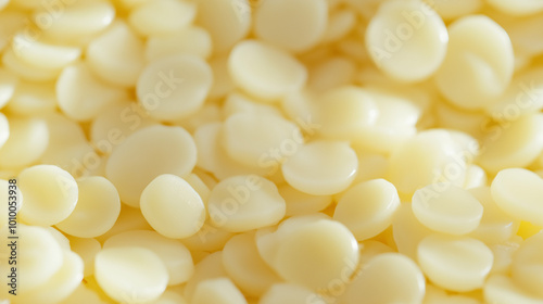 a close-up, top-down view of refined white beeswax beads spread across the entire frame, filling the image with their bright, clean white color and smooth, rounded shapes