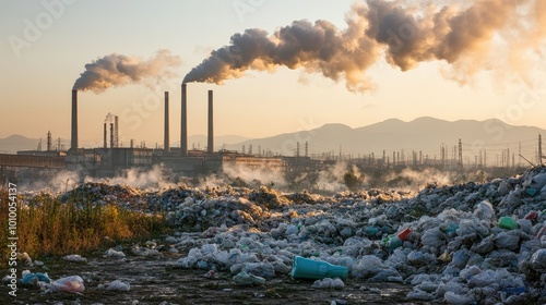 Polluted Industrial Landscape with Towering Smokestacks and Waste photo