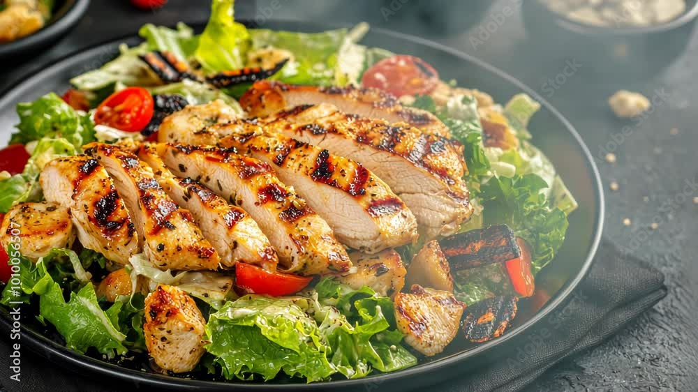 Grilled Chicken Caesar Salad with Croutons and Cherry Tomatoes Grilled Chicken Caesar Salad with Croutons and Cherry Tomatoes