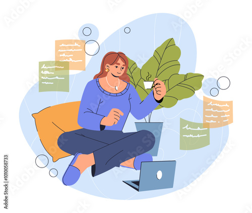 Woman with stress management. Young girl in lotus position with mug of tea sitting with laptop. Wellbeing and relaxation, resting. Flat vector illustration isolated on white background