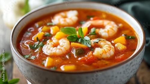 A bowl of tomato soup with shrimp, basil, and vegetables.