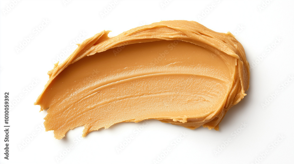 Fototapeta premium a single, elegant swatch of peanut butter on a white background, with soft color gradients and a subtle sheen to highlight the texture and glossiness of the spread