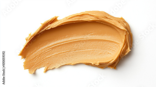 a single, elegant swatch of peanut butter on a white background, with soft color gradients and a subtle sheen to highlight the texture and glossiness of the spread