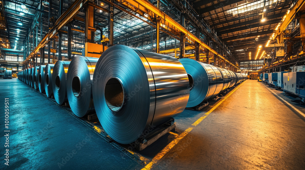 A large factory with many rolls of metal. The rolls are stacked on top of each other. The rolls are silver and are in a warehouse A large factory with many rolls of metal. The rolls are stacked on top of each other. The rolls are silver and are in a warehouse