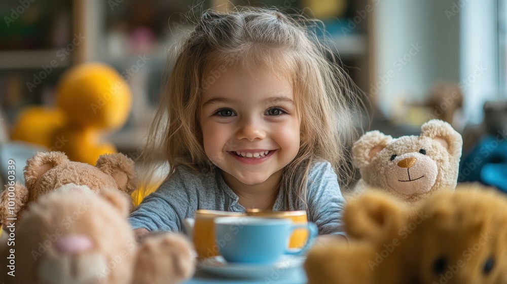 Enchanting Tea Party: Creative Preschooler Girl Playing with Stuffed Animals Enchanting Tea Party: Creative Preschooler Girl Playing with Stuffed Animals