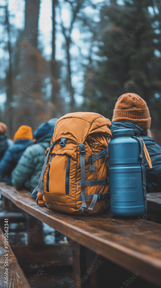 a close-up shot of a backpacker’s backpack featuring a renewable water bottle, with people engaged in adventure and trekking, reflecting a travel lifestyle and sustainable tourism
