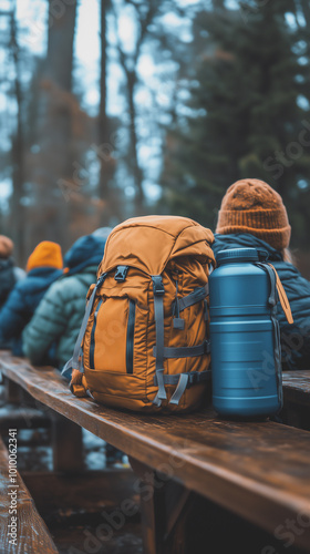 Obraz na płótnie a close-up shot of a backpacker’s backpack featuring a renewable water bottle, with people engaged in adventure and trekking, reflecting a travel lifestyle and sustainable tourism w salonie