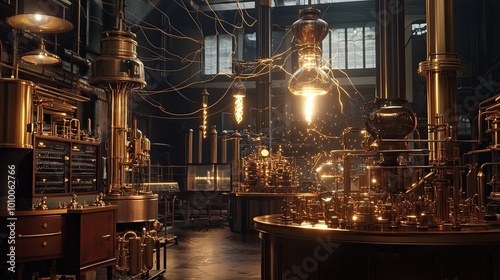 Steampunk Laboratory with Glowing Glassware and Pipes