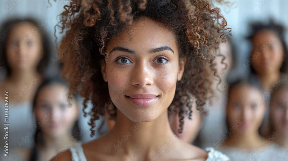 Smiling young woman with curly hair in focus, standing confidently among a diverse group of women, representing beauty, confidence, and diversity Smiling young woman with curly hair in focus, standing confidently among a diverse group of women, representing beauty, confidence, and diversity