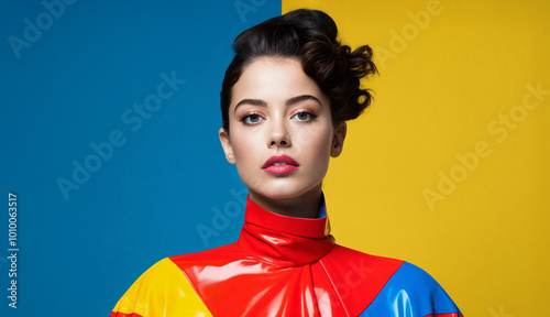 Elegant woman with vibrant makeup and glossy red, blue, and yellow clothing, standing against a bold blue and yellow background, showcasing modern style and striking beauty