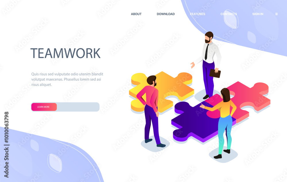 People with teamwork poster. Men and women near colorful puzzles. Collaboration and cooperation, teamwork. Partners and colleagues. Landing webpage design. Isometric vector illustration People with teamwork poster. Men and women near colorful puzzles. Collaboration and cooperation, teamwork. Partners and colleagues. Landing webpage design. Isometric vector illustration