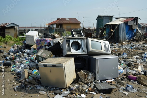 A pile of old appliances including a microwave, oven, and refrigerator, generative ai image photo