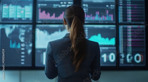 Businesswoman Analyzing Stock Market Data on Multiple Screens