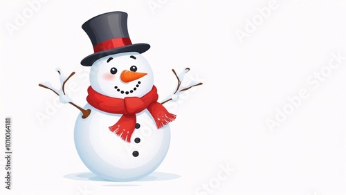 Cheerful snowman with a top hat, carrot nose, and red scarf against a white background.