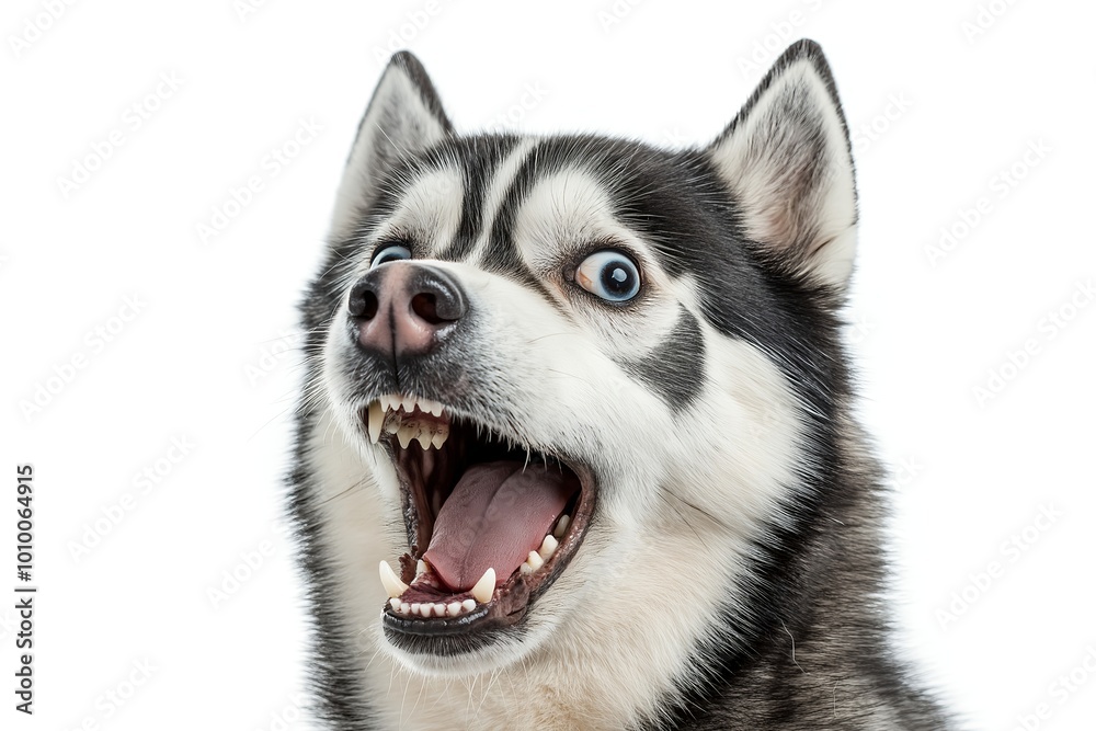 Close-up Of A Angry And Surprised Siberian Husky Isolated On White Background With A Funny And Excited Expression, Dog Portrait Close-up Of A Angry And Surprised Siberian Husky Isolated On White Background With A Funny And Excited Expression, Dog Portrait