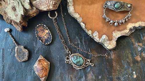 Exquisite jewelry designs featuring rustic reticulation, crafted for the ancient soul. Each piece embodies a unique blend of artistry and nature, showcasing intricate textures and organic forms  photo