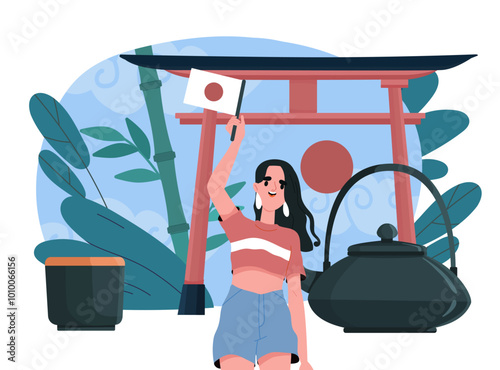 Trip to Japan. Woman with Japanese flag in hands stands near kettle with hot drink and architectural element. Trip and travel to Asia. Flat vector illustration isolated on white background