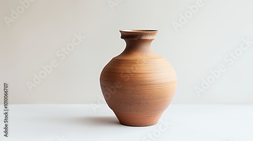 A simple clay vase with a rounded shape and a narrow neck, showcasing artisanal craftsmanship.