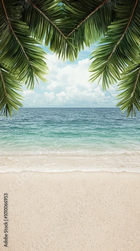 Tropical Beach Paradise with Palm Trees Blue Sky and White Sand