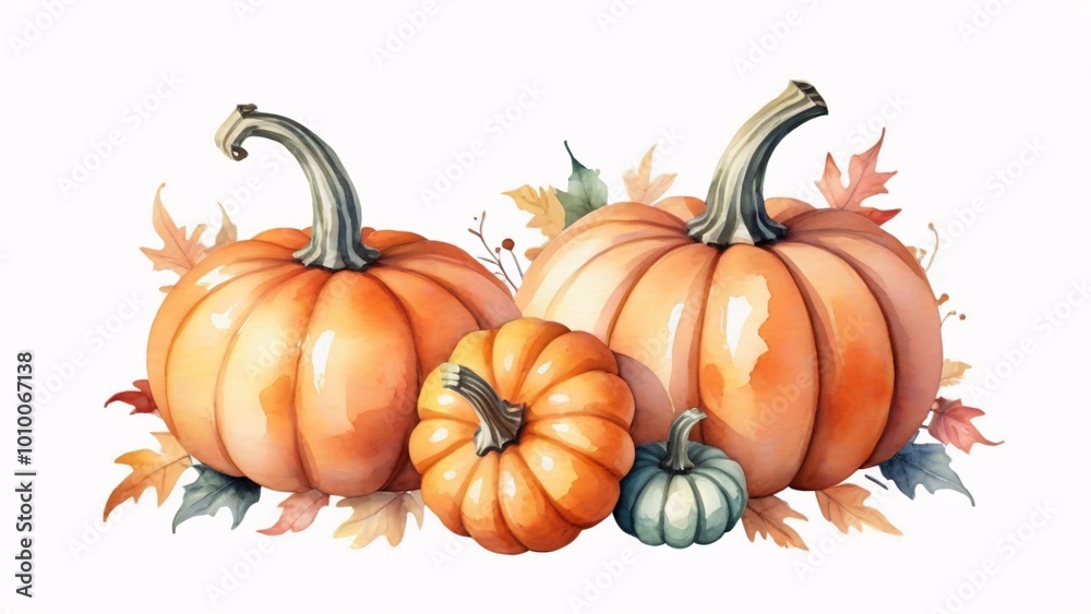 Watercolor illustration of three pumpkins with autumn leaves. Watercolor illustration of three pumpkins with autumn leaves.