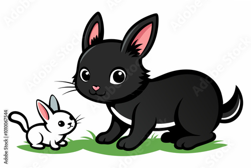  black kitten playing with rabbit in front of home