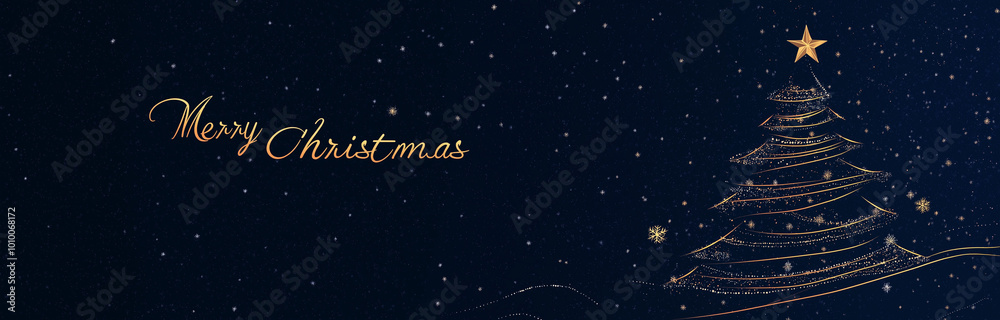 Merry Christmas Golden Sparkle Night Sky Tree Snowflakes Star, Elegant Christmas design A goldoutlined Christmas tree adorned with a star, snowflakes, and glittering particles against a dark blue nigh Merry Christmas Golden Sparkle Night Sky Tree Snowflakes Star, Elegant Christmas design A goldoutlined Christmas tree adorned with a star, snowflakes, and glittering particles against a dark blue nigh