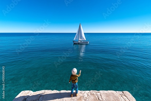 A figure standing at the edge of a pier, waving goodbye to a departing boat as it sails into the horizon, symbolizing a peaceful farewell