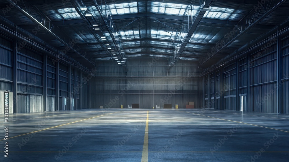 Vast Industrial Warehouse Interior with Concrete Floor and Skylights Vast Industrial Warehouse Interior with Concrete Floor and Skylights