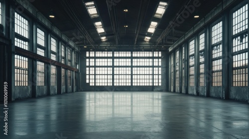 Expansive Industrial Warehouse Interior with Large Windows