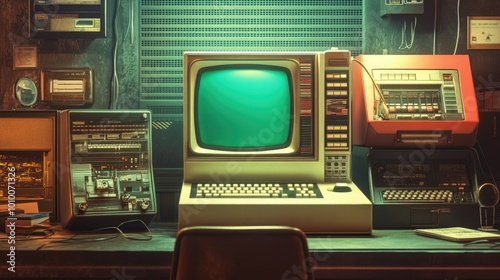 Vintage workspace with retro computer and cassette players - cyber monday concept