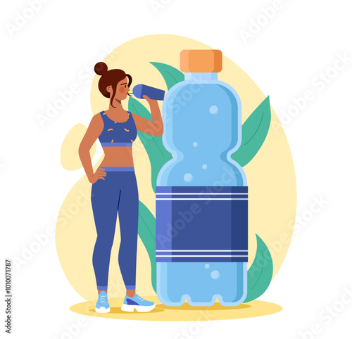 Woman with water balance. Young girl with bottle of mineral and pure water. Active and healthy lifestyle. Thirsty and dehydration. Flat vector illustration isolated on white background