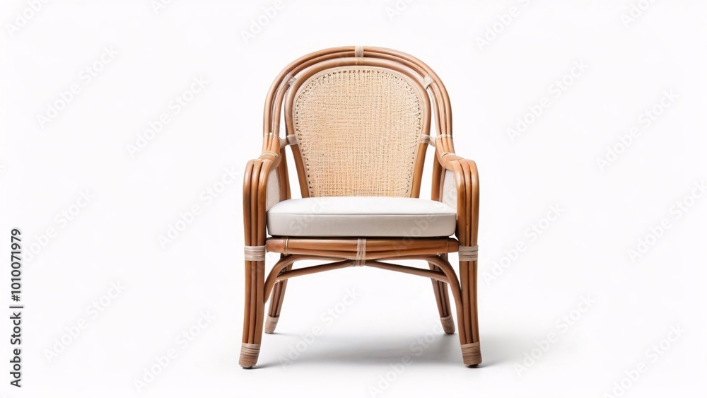 A wicker armchair with a white cushion sits on a white background. A wicker armchair with a white cushion sits on a white background.