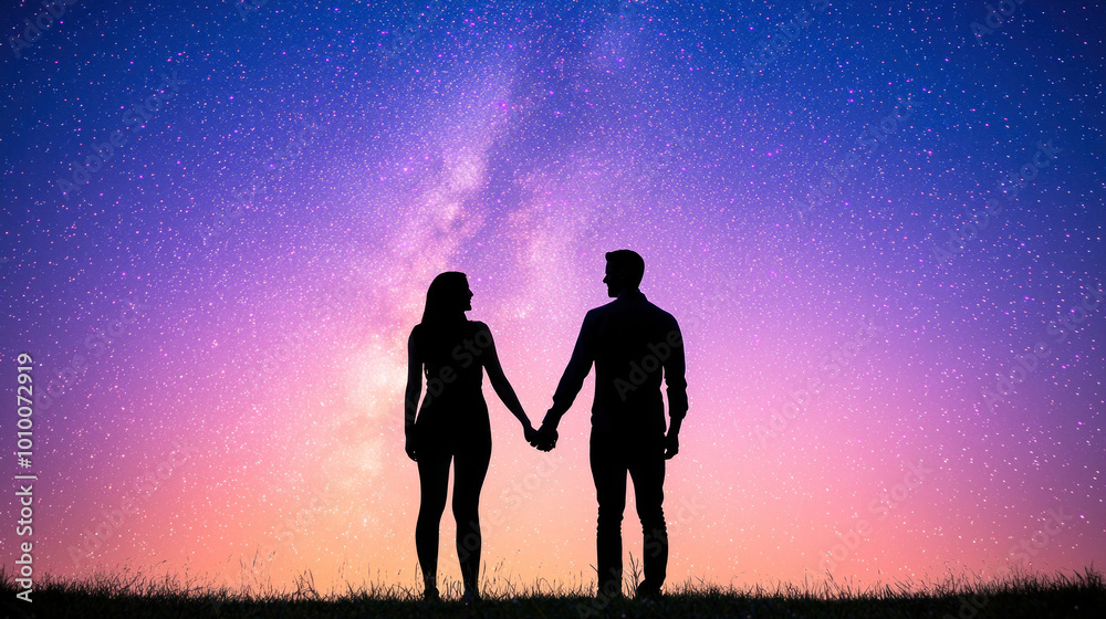 Fototapeta premium couple holding hands under starry sky, creating romantic atmosphere.