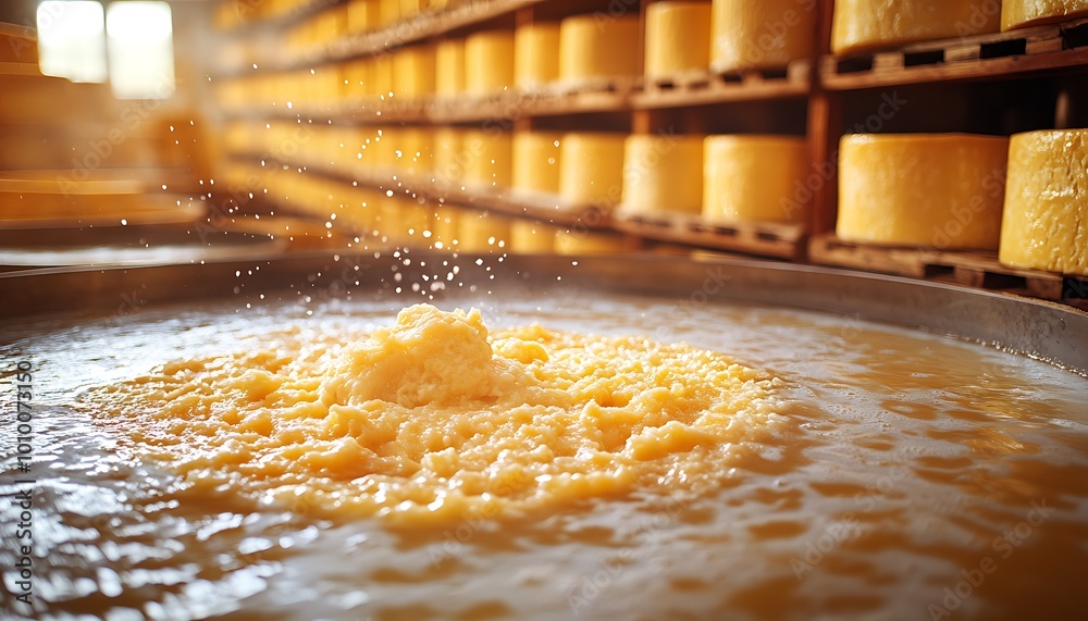 Cheese Production Process with Curd Stirred in Stainless Steel Vats Cheese Production Process with Curd Stirred in Stainless Steel Vats