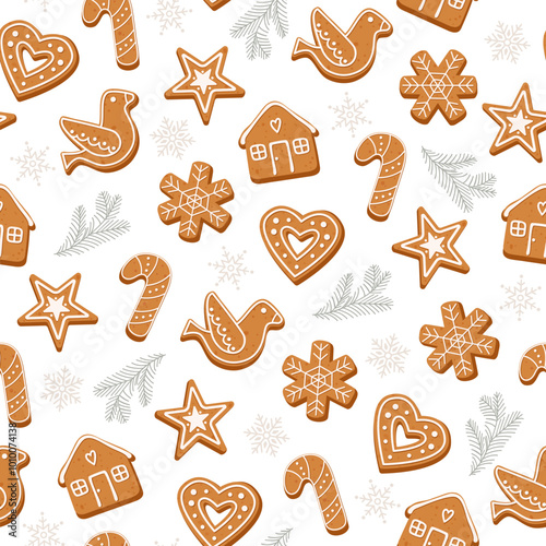 Christmas seamless pattern with ginger cookies in different form with pine branches around isolated on white background.
