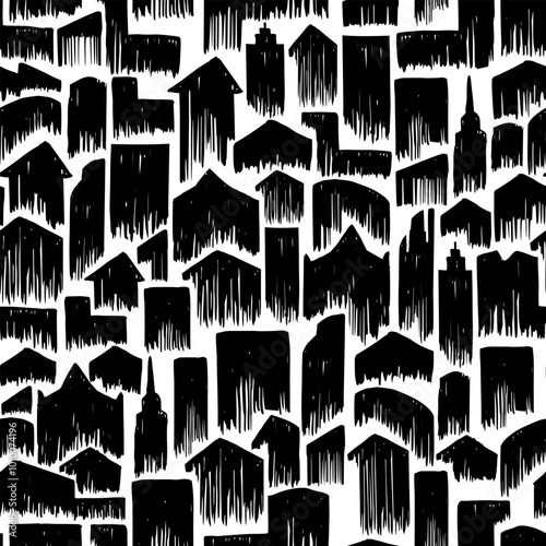 Black and white seamless pattern of the big city. Sketch background with many houses in ink style. 