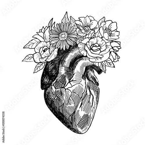 Printable black and white ink sketch of the human heart with flowers inside. Idea for greeting card. 