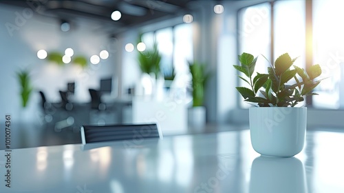 Close-up of a potted plant on an office desk, with a bright and modern background.