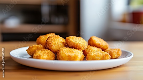 A plate of golden, crispy chicken nuggets arranged neatly for serving.