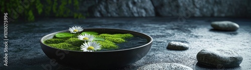 Black Bowl Filled with Water, Moss, and Daisies photo