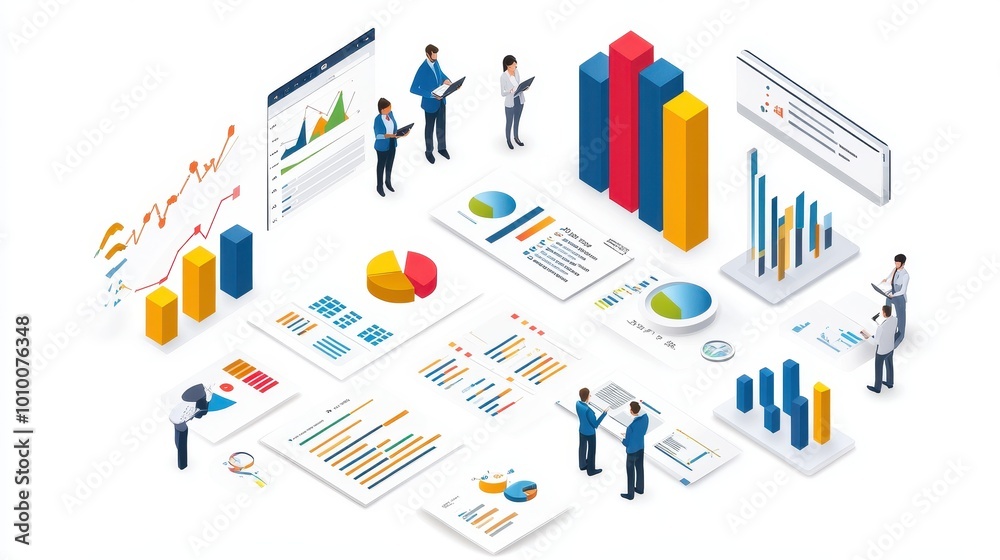Data Analytics and Business Intelligence Concept in Isometric Design Data Analytics and Business Intelligence Concept in Isometric Design