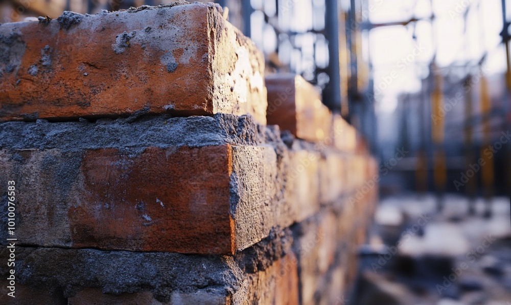 Close-up of bricklaying with mortar, construction site in background. Close-up of bricklaying with mortar, construction site in background.
