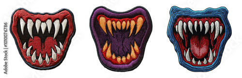 Illustrative Monster Mouth Designs with Fangs. Embroidered Patch Objects Collection in Embroidered Patch Style, Isolated on Transparent Background