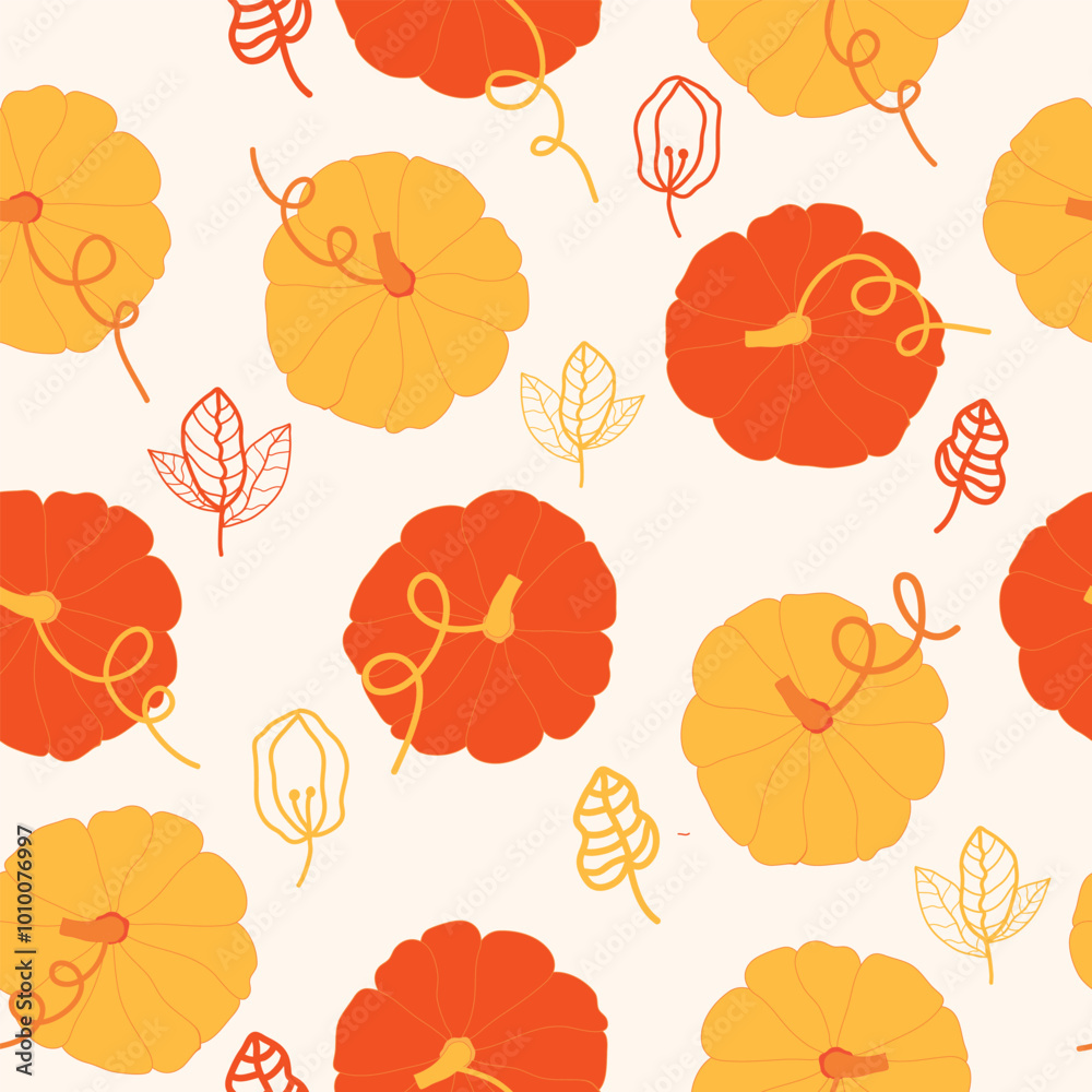 Obraz premium pumpkins with vines and leaves autumn fall vegetable seamless pattern