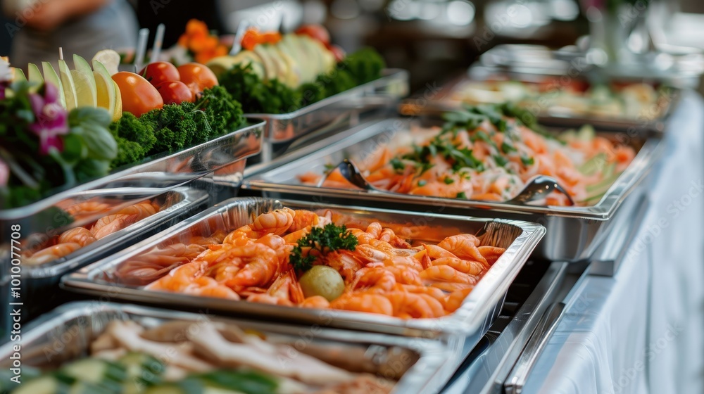 Close-up of a catering buffet featuring a variety of colorful dishes, including vegetables, meats, and salads, served in stainless steel trays in a restaurant setting. Close-up of a catering buffet featuring a variety of colorful dishes, including vegetables, meats, and salads, served in stainless steel trays in a restaurant setting.